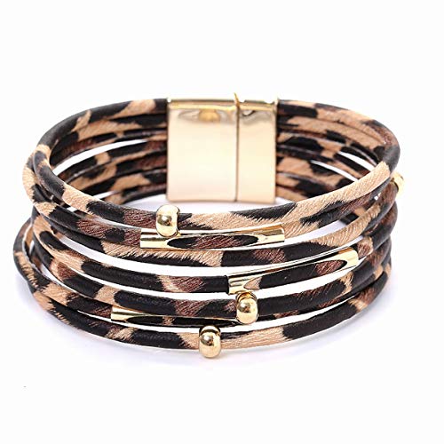 Book Cover YOMOHO Leopard Leather Bracelets for Women, Multi-Layer Leather Wrap Bracelet Handmade Wristband Cuff Bangle with Magnetic Buckle Jewelry