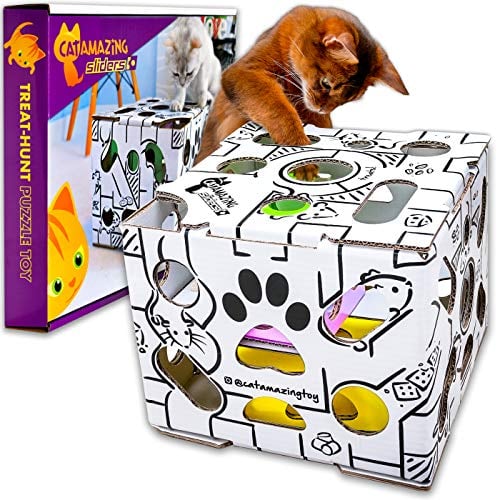 Book Cover Cat Amazing Sliders - Interactive Treat Puzzle Cat Toy - Active Food Puzzle Feeder