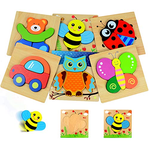 Book Cover Kulariworld Wooden Jigsaw Puzzles Toys for Toddlers Boys Girls 1 2 3 Years Old 6 Pieces Preschool Educational Toy Gift with Vibrant Color Animal Vehicle Shapes