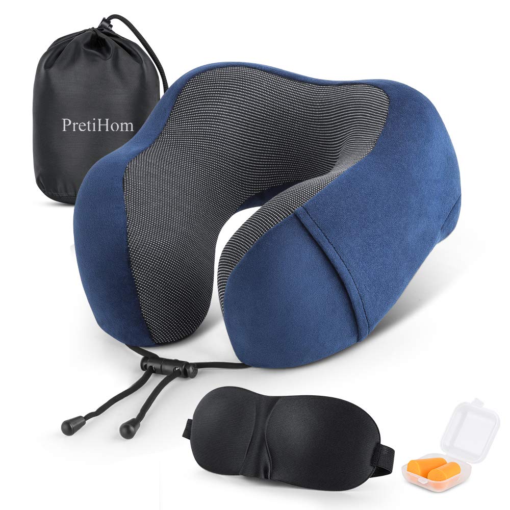 Book Cover PretiHom Travel Pillow, Neck Pillow for Airplane Travel 100% Pure Memory Foam with 3D Contoured Eye Masks Comfortable and Breathable 360° Head & Neck Support