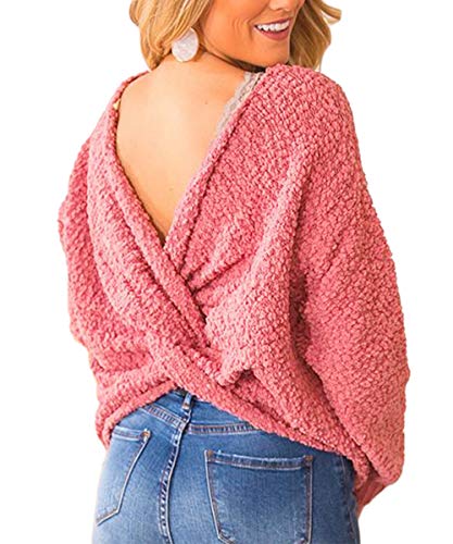 Book Cover PRETTYGARDEN Women's Fashion Back Knotted Long Sleeve Crew Neck Fuzzy Knitted Popcorn Sweater Jumpers Pullover