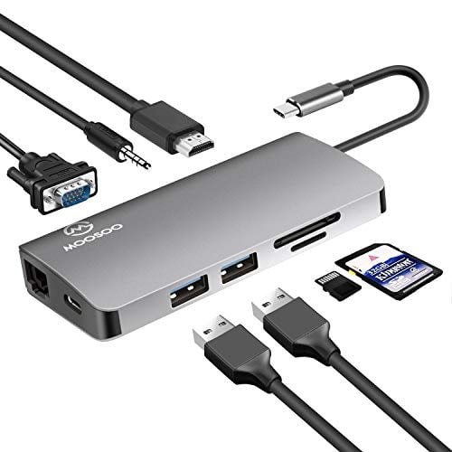 Book Cover MOOSOO USB C Hub, 9-in-1 Type C Adapter with HDMI, VGA, USB-C PD, 2 USB 3.0, SD and TF Card Reader, 3.5mm Audio Output, Gigabit Ethernet Compatible for MacBook Pro, Chromebook and More Type C Devices