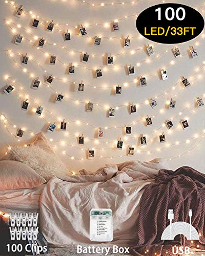 Book Cover HEHUI Photo Clips String Light，33 ft 100 LED Waterproof Fairy String Lights with 100 Clips, Battery/USB Powered String Lights with Photo Clips 8 Lighting Modes for Bedroom Christmas Wedding Parties