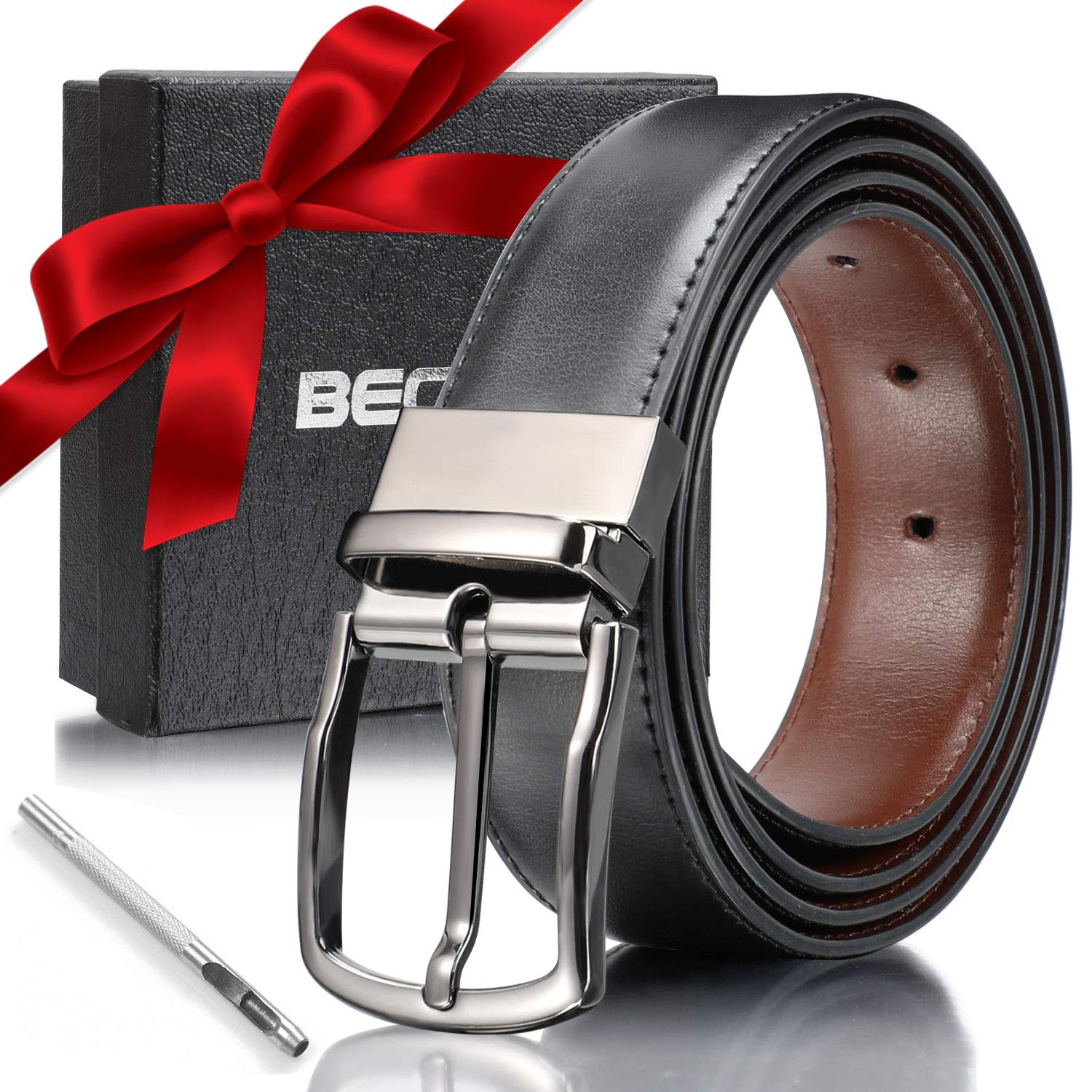 Book Cover Menâ€™s Belt, Reversible Genuine Leather mens belt for men Dress Belt Wide Rotated Buckle Gift Box Black brown 115CM