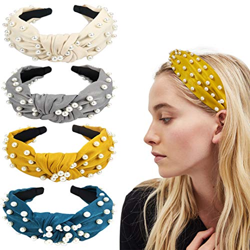 Book Cover Joyeah 4 Pcs Pearls Headbands, Satin Fabric knotted headband with pearls, Topknot Headband Vintage Wide Hair Band Fashion Hair Accessories for Women and Girls