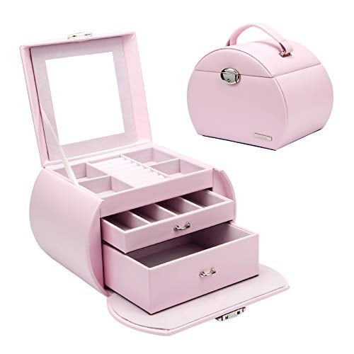 Book Cover Homde Girls Jewelry Box Pink Storage Case Organizer Faux Leather with Mirror