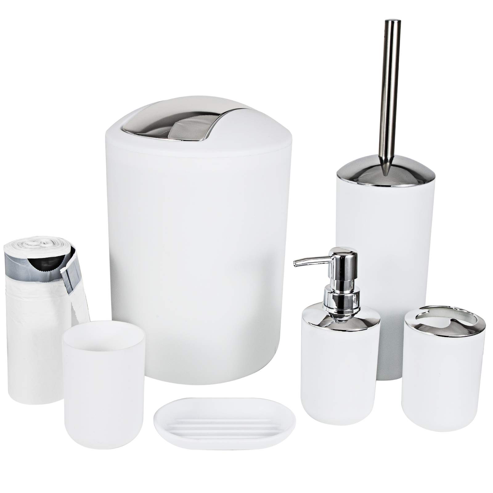 Book Cover 6 Piece Bathroom Accessories Sets,Bathroom Set 6 Pieces Plastic Lotion Dispenser,Toothbrush Holder,Bathroom Tumblers,Soap Dish,Trash Can,Toilet Brush Set with Drawstring Trash Bags (White)