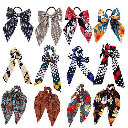 Book Cover Hair Scarf Silk Scrunchies for Woman Girls,12pcs Elastic Bowknot Hair Bands 2 in 1 Vintage Ponytail Holder with 3 Style Scrunchies, Silk Satin Hair Scrunchies with Flower Vintage and Dot Pattern