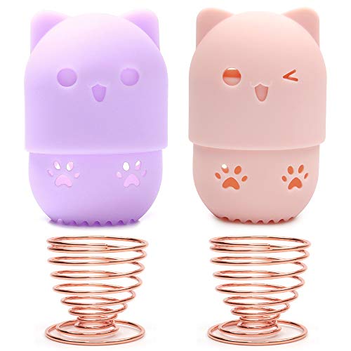 Book Cover Ozazuco Beauty Sponge Blender Container/2 Beauty Sponge Travel Case and 2 Makeup Sponge Drying Holder/Cute Cat Silicone Makeup Sponge Travel Carrying Case/Beauty Sponge Holder Dry Rack Easy To Carry