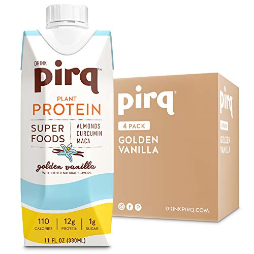 Book Cover Pirq, Vegan Plant Based Protein Shake, Low Calorie, Low Carb, Superfood, Almonds, Turmeric Curcumin, Maca, Gluten Free, Dairy Free, Soy Free, Kosher, Non-GMO, Keto (Golden Vanilla, 4 Pack)