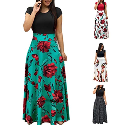 Book Cover isopeen Women Casual Long Dress Short Sleeve O-Neck High Waist Patchwork Slim Pleated Floral Maxi Dress Black