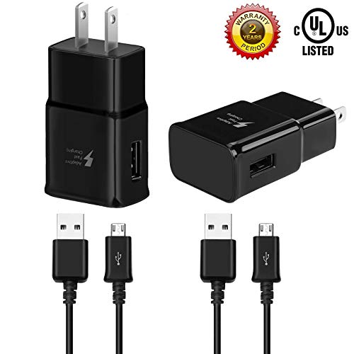 Book Cover Adaptive Fast Charging Wall Charger Compatible with Samsung Galaxy S7/S7 Edge/S6/Note5/4 /S3 with 5-Feet Micro USB Cable Kit (2 Pack Black 5ft)