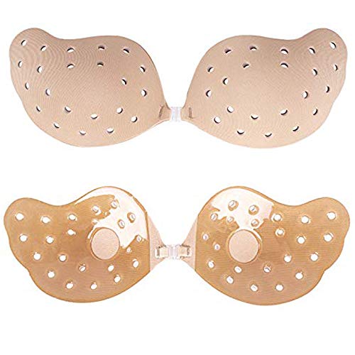 Book Cover Women Sticky Strapless Plunge Bra Hollow Hole Breathable Self-Adhesive Push Up Mango Shape Bras (Beige, A)