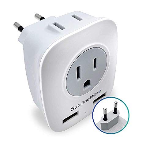 Book Cover European Power Adapter w/ 2 USB Ports & 2 AC Outlets - USA to EU Outlet Plug - US to Europe Plug Adapter - Electrical Charger Travel Adapters for Europe from US Japan China by SublimeWare