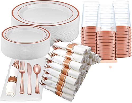 Book Cover 350 Piece Rose Gold Dinnerware Party Set - 50 Guest - 100 Rose Gold Rim Plastic Plates - 50 Pre-Rolled Linen-Feel Napkins with Spoons, Forks, Knives - 50 Rose Gold 10oz Cups