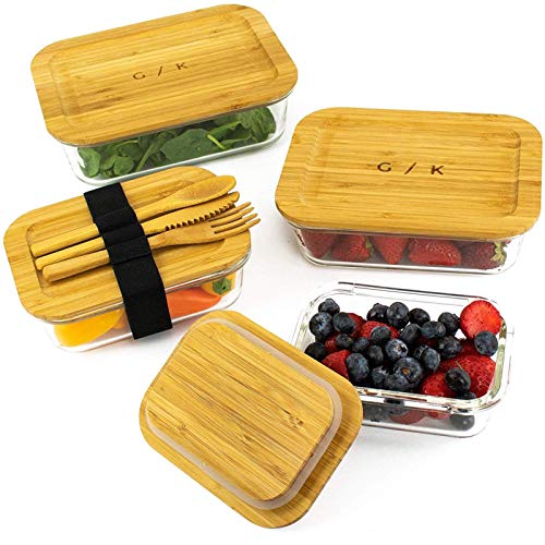 Book Cover Glass Food Storage Containers with Eco Friendly, Sustainable Bamboo Lids, Set of 4. Plastic Free, BPA Free. Includes Bamboo Cutlery & Adjustable Wrap. Glass Bento Box Great for Meal Prep (assorted)