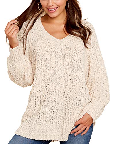 Book Cover KIRUNDO Women's Winter Fuzzy Popcorn Sweater V Neck Long Sleeves Loose Fit Sweatshirt Solid Tops Pullover