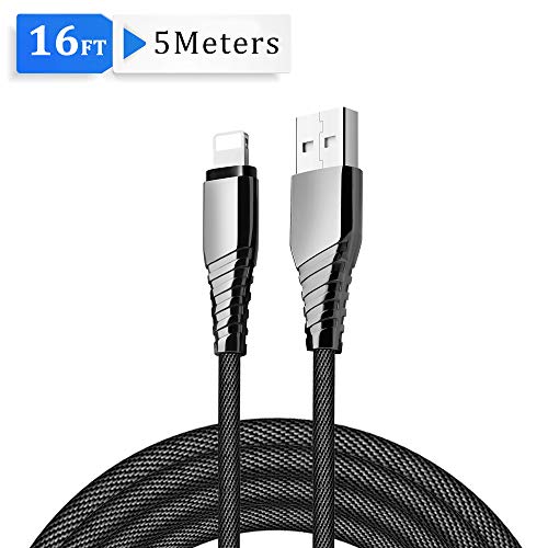 Book Cover Charger Cable 16ft 5m Long Phone USB Fast Charge Data Syncing Durable Nylon Cord Aluminum Connector Compatible with Phone Xs/Max/XR/X/ 8Plus/ 8/ 7Plus/ 7/ 6sPlus/ 6s/ 6Plus/ 6/ Pad and More - Black