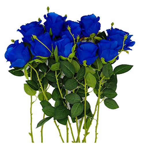 Book Cover AnotherGifts Artificial Silk Rose Flower Bouquet Home Decor Wedding Party Gifts 10 PCS Holiday Giving Festival Present (Blue)