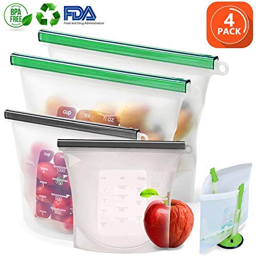 Book Cover Sungluber Reusable Silicone Food Bag Sandwich Bag Storage Bag Airtight Freezer Bags BPA Free Ziplock Lunch Bag Snack Bags for Travel Home Organization (4 Pack)