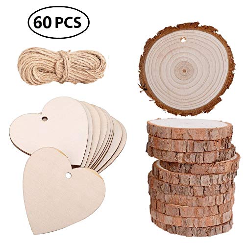 Book Cover Vamotto 60 Pack Wood Crafts Predrilled with Hole, 50 Pcs 2.4inch Wooden Heart & 10 Pcs 2.1-2.7Inch Wood Slices Craft Wood kit Unfinished Wooden Circles for Art and Crafts Christmas Ornament DIY Crafts