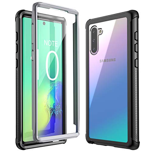 Book Cover Eonfine Galaxy Note 10 Case, Built-in Screen Protector Heavy Duty Shockproof Rugged Cover Skin for Samsung Galaxy Note 10(Black+Clear)(Fingerprint Unlock with Fingerprint Film)