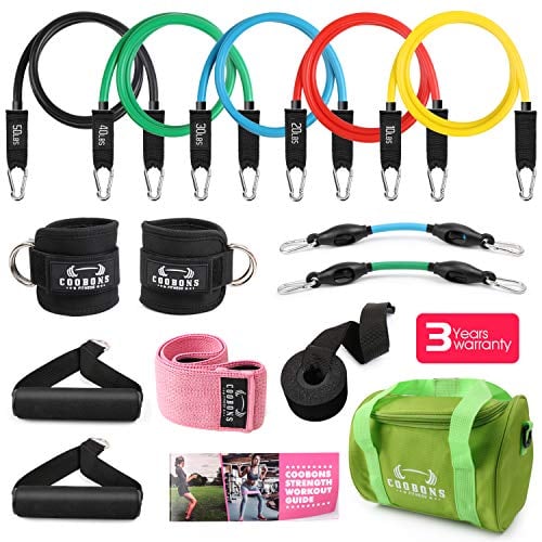 Book Cover Resistance Bands Set Workout Bands, 5 Stackable Exercise Bands with Handles,1 Hip Bands, 2 Fitness Ankle Straps,2 Ankle Exercise Bands,Door Anchor, Pink Carry Bag,Guide Book