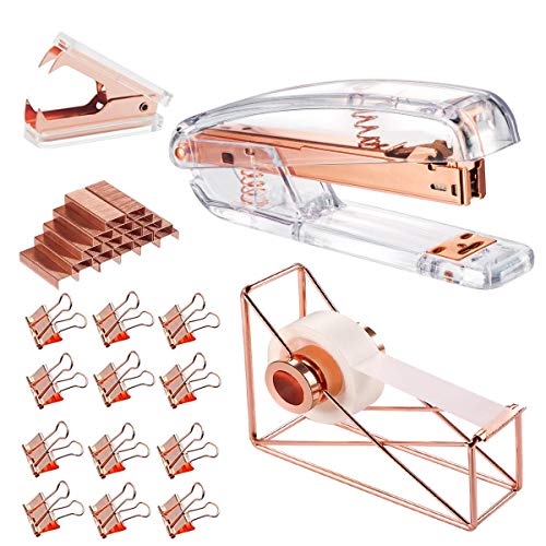 Book Cover Rose Gold Office Supplies Set - Stapler, Tape Dispenser, Staple Remover with 1000 Staples and 12 Binder Clips, Luxury Acrylic Rose Gold Desk Accessories & Decorations