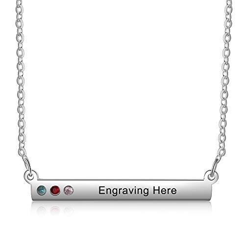 Book Cover GaoS Personalized Women Horizontal Bar Necklace with 3 Simulated Birthstones Engraved Name Stainless Steel Pendant Necklace for Best Friends