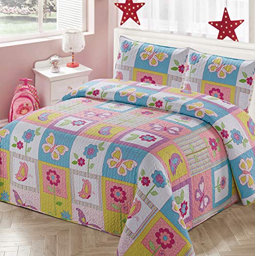 Book Cover Luxury Home 3 Piece Full/Queen Size Collection Quilt Coverlet Bedspread Bedding Set for Kids Teens Girls Patchwork Butterfly Flower Pink Yellow White Blue Green Purple