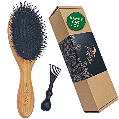 Book Cover Hair Brush Natural Boar Bristle Bamboo Hairbrush Detangling Nylon Pins with Cleaning Tool Women Men Children Long Thick Thin Fine Curly Hair
