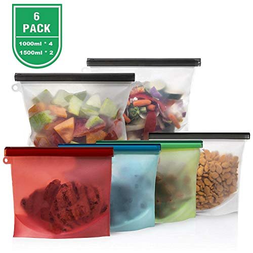 Book Cover FYS Reusable Silicone Food Storage Bag Preservation Bags 6 Pack Leakproof Freezer Bags Container Airtight Seal/Food Grade/Versatile For Vegetable,Liquid,Snack,Meat,Lunch,Fruit