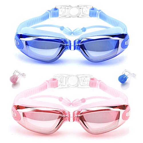 Book Cover mountop Swim Goggles with Conjoined Ear Plugs, Pack of 2 Anti Fog No Leaking UV Protection Swimming Goggles for Women Men Adult Youth Blue&Pink