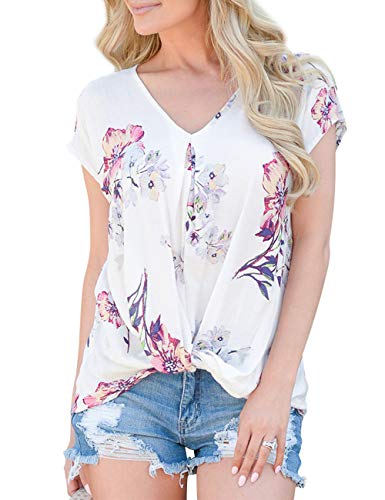 Book Cover Women Tops Front Knot Deep V Neck Tee Floral T-Shirt Casual Short Sleeve - White - Large