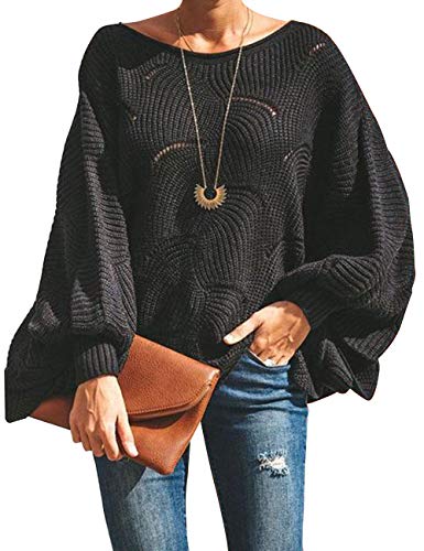Book Cover Cogild Women's Oversized Batwing Sleeve Crewneck Loose Hollow Knit Pullover Sweaters Tops Black
