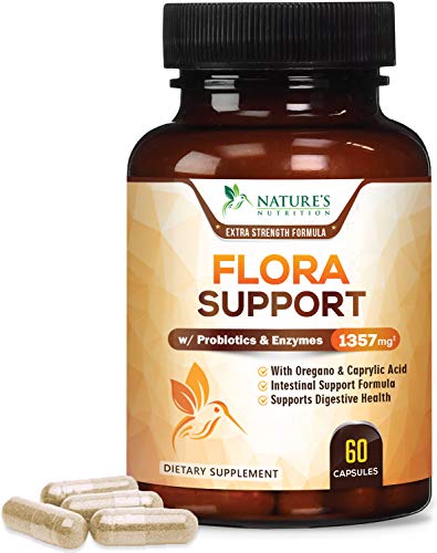 Book Cover Flora Support Extra Strength with Probiotics 1357mg - Intestinal Flora Support - Made in USA - Cleansing Complex with Oregano, Black Walnut, Caprylic Acid for Women and Men - 60 Capsules