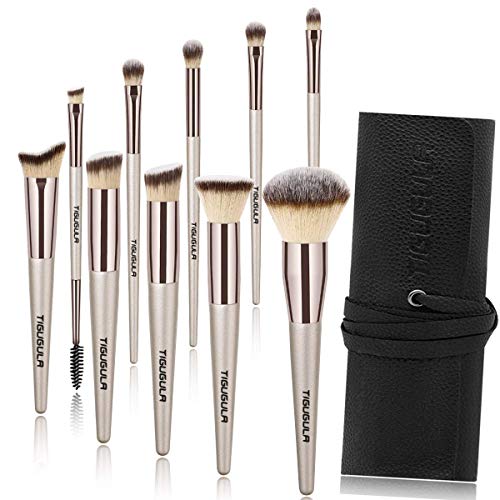 Book Cover Makeup Brushes - 10 Pcs Professional Makeup Brush Set Premium Synthetic Brush Foundation Brush Powder Concealer Lip Face Eyeshadow Makeup Brush Kit Champagne Gold with Black PU Leather Roll Bag