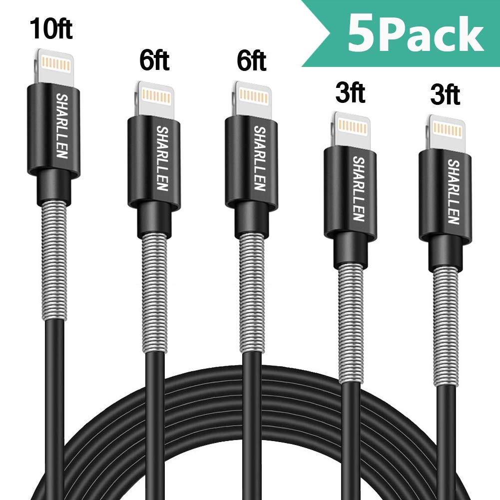 Book Cover sharllen Lightning Cable Spring iPhone Charger Cable 5 Pack [3/6/10FT] USB Fast Charging & Data Sync Cord Long Charging Cable Compatible iPhone Xs/MAX/XR/X/8/8P/7/7P/6/iPad/iPod(Black)