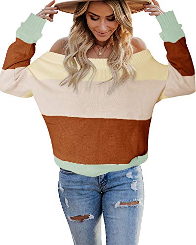 Book Cover ETCYY Women's Colorblock Sweater Off The Shoulder Baggy Pullover Casual Batwing Sleeve Knit Rainbow Jumper Tops