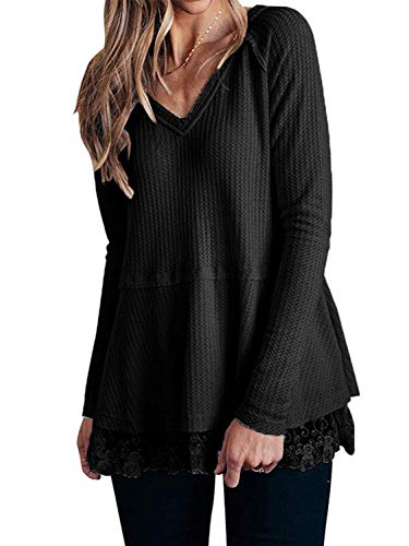 Book Cover Naggoo Womens Long Sleeve Waffle Knit Tops V Neck Lace Patchwork Casual Tunics Shirts