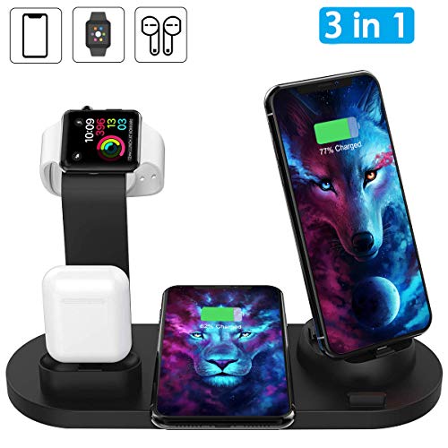 Book Cover Wireless Charger, AQHQUA 4 in 1 Wireless Charging Stand for Apple Watch and Airpods, Qi Fast Wireless Charging Dock Compatible iPhone 11/11 Pro Max/X/XS/XS Max, 10W Wireless Charging for Samsung