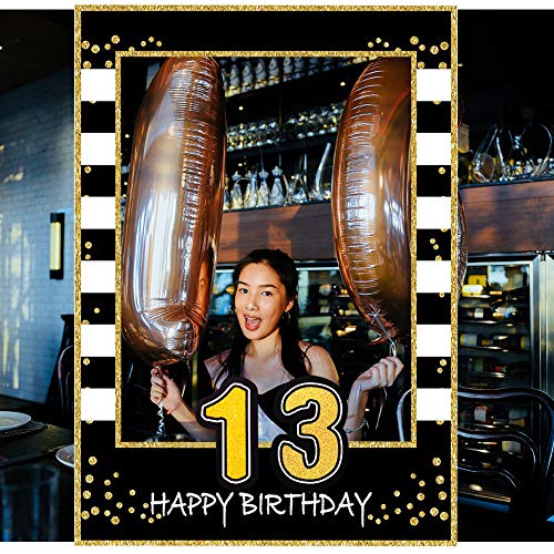 Book Cover 13th Birthday Selfie Photo Booth Frame Black and Gold Birthday Party Photo Props - Upgraded Version with Support Cardboard