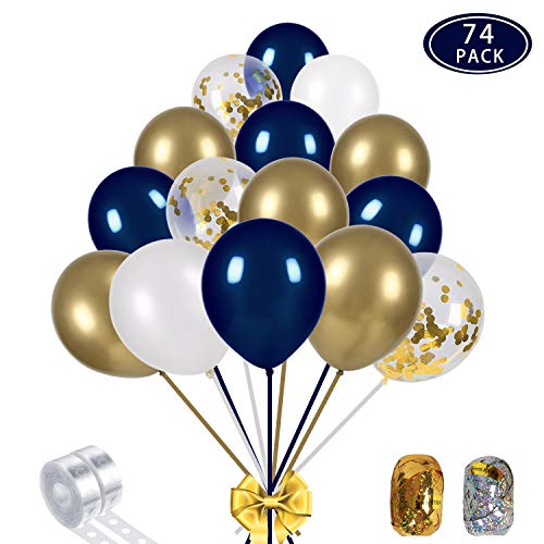 Book Cover Navy Blue and Gold Confetti Balloons Party Decoration Supplies 70pcs 12 inch Gold Metallic Pearl White Balloons for Navy Party, Baby Shower, Wedding, Graduation, Bachelorette, Birthday Decorations, with 2 Balloon Strips, 2 Foil Ribbon