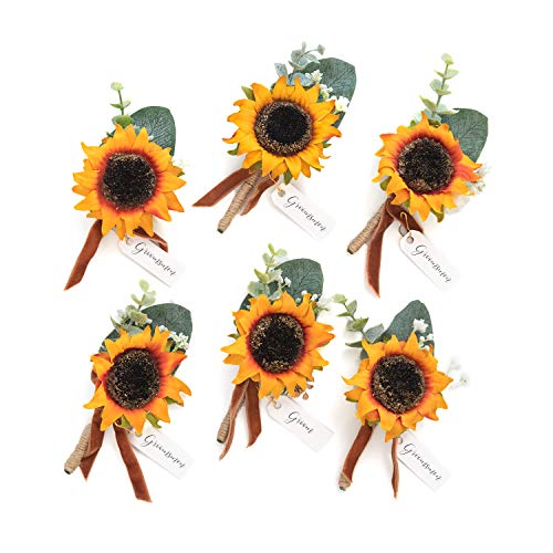 Book Cover Ling's Moment Sunflower Boutonniere for Men Wedding with Pins, Set of 6, Groom and Groomsmen Boutonniere for Wedding Ceremony Anniversary, Dinner Party, Prom Flowers and Fall Vintage Wedding