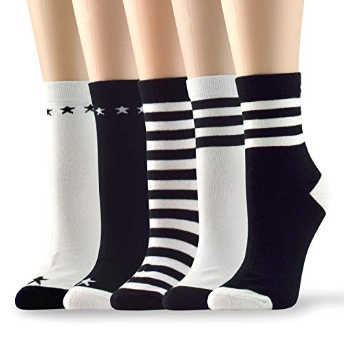 Book Cover Socksmood 5 Pairs Women's Cotton Crew Socks Stripe Patterns Assorted Colors