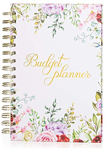Book Cover Budget Planner Organizer (Non-Dated) - Monthly Income and Expense Tracker with Back Pocket for Receipts and Bills Bundled with Cash Envelops and Stickers - A5 Size Pink Floral Hardcover