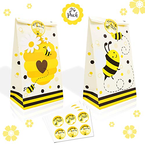 Book Cover 24 Pack Honey Bee Party Candy Favor Bags with Thank You Stickers, Bumble Bee Goody Gift Treat Bags for Bee Birthday Baby Shower Wedding Supplies