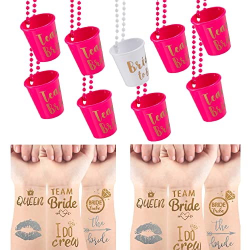 Book Cover Bachelorette Party Supplies, Shot Glass Necklace 12 Pack Team Bride and Bride/Groom to Be Beaded Bridal with 24 Pack Bride Tribe Metallic Tattoos (Rose Red)