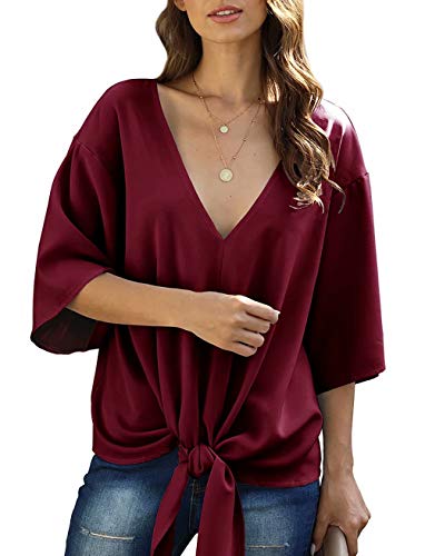 Book Cover Aixy Womens Wine Red Tops V Neck Tie Knot Front Blouses Bat Wing Short Sleeve Chiffon Tops Shirts