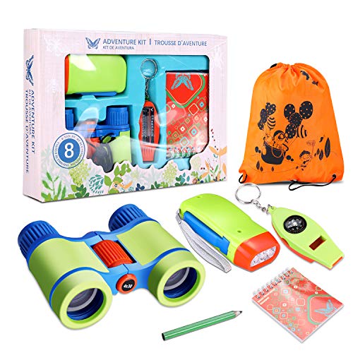 Book Cover Outdoor Adventure Set for Kids, 6 Pcs Nature Exploration Adventure Kit Children 4 X 30mm Binoculars Not Charge LED Flashlight 4 in 1 Compass Magnifying Glass Whistle Book Pen Gift Set for Girl Boy